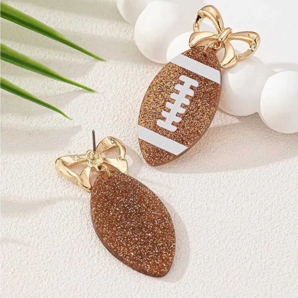 Gold Glitter Football Earrings‎ with bow